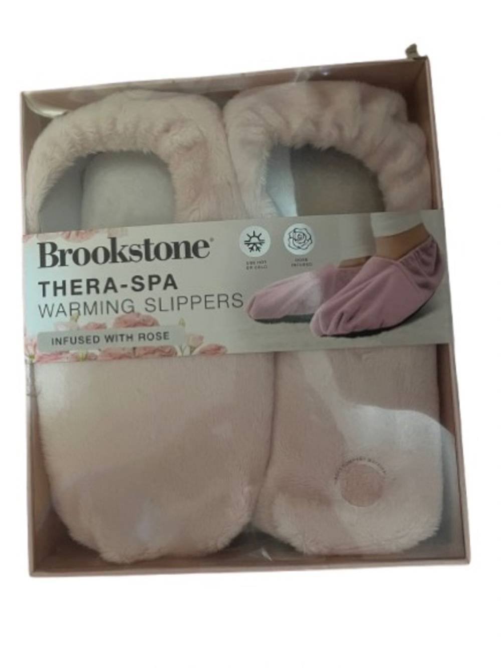 NWT Brookstone Thera-Spa Warming Rose Infused Slippers in Pale Pink One Size